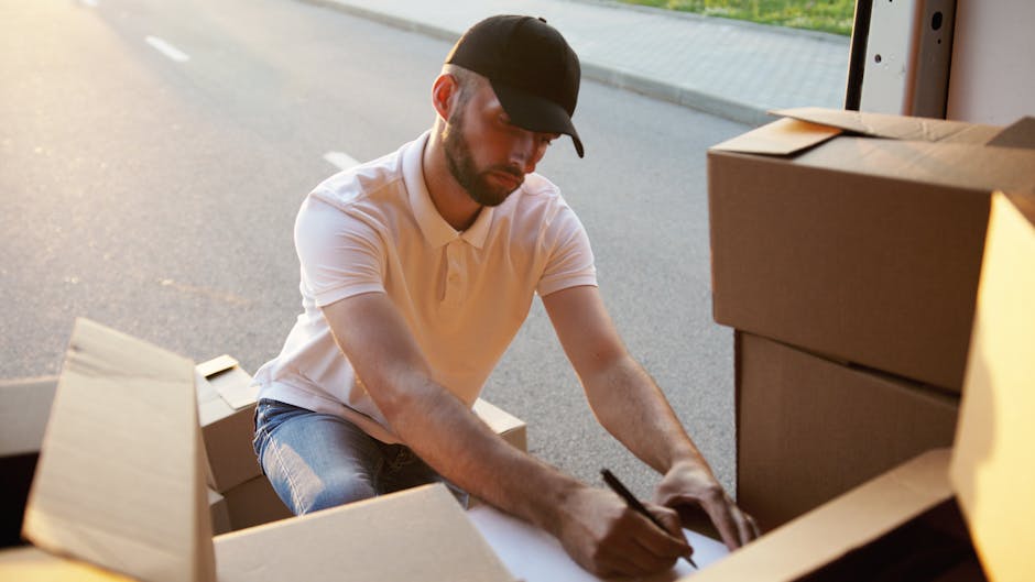 A man with dark skin, short curly hair, and wearing a maroon t-shirt and orange trousers is smiling while holding a medium-sized cardboard box sealed with red packing tape. He is standing on a stairca